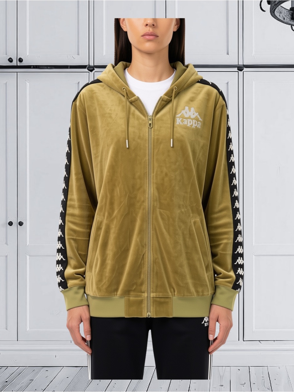 Kappa 222 Banda Olive Gold Velour Rhinestone Zip Hoodie Medium